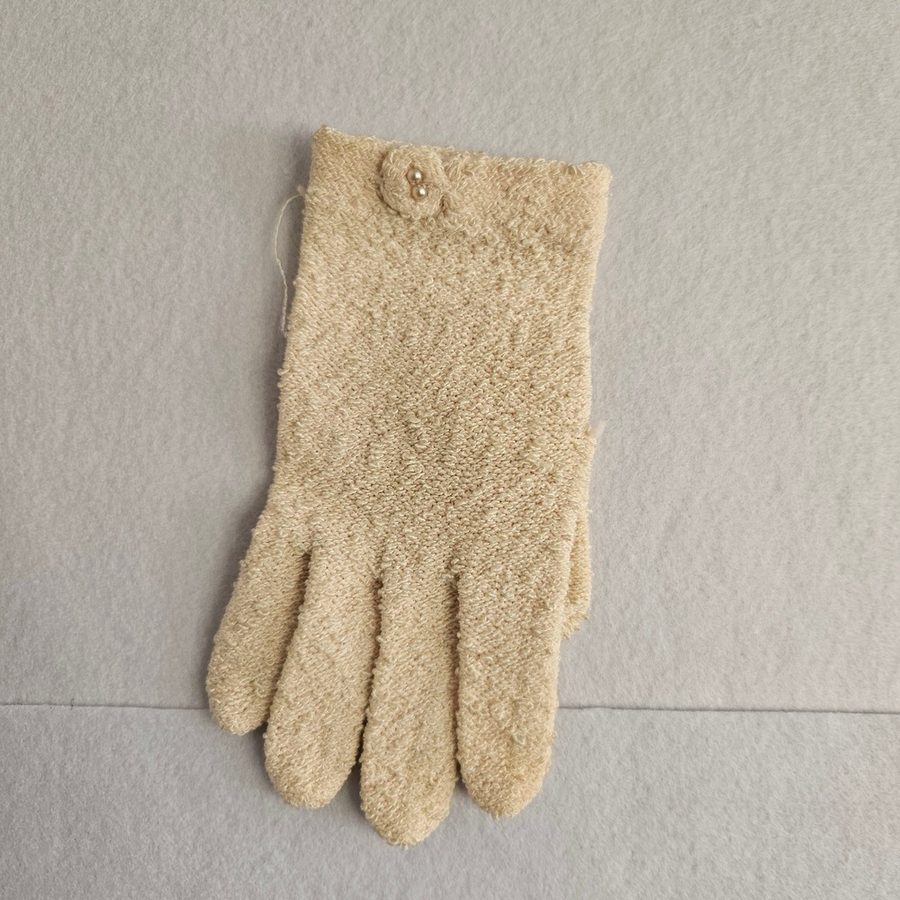 Vintage Cream Boucle Knit Glove Pearl Flower Accent Beige Retro Dressy READ